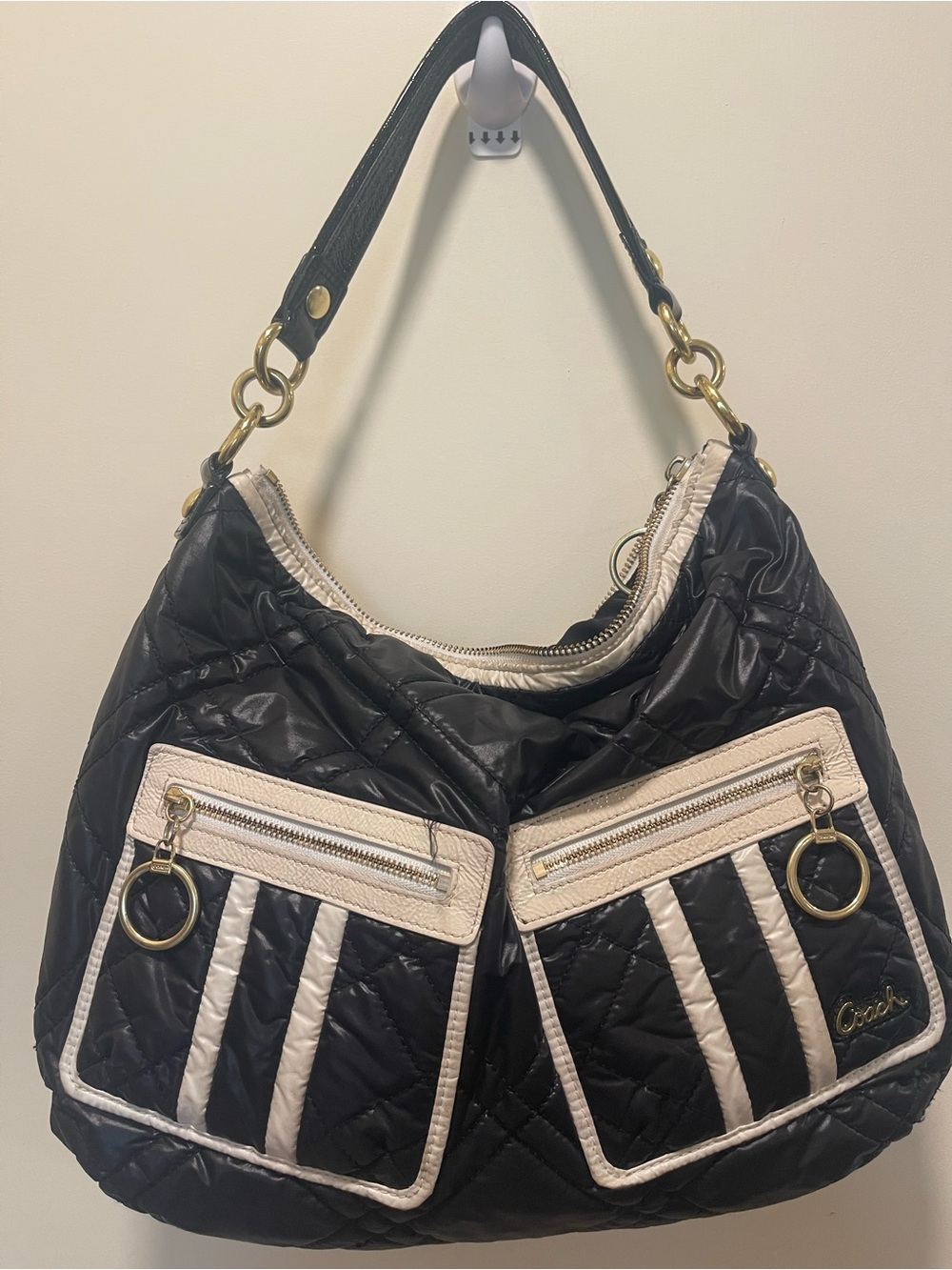 Coach Poppy Ski Bunny Black Quilted Shoulder Bag with Cream/white Trim